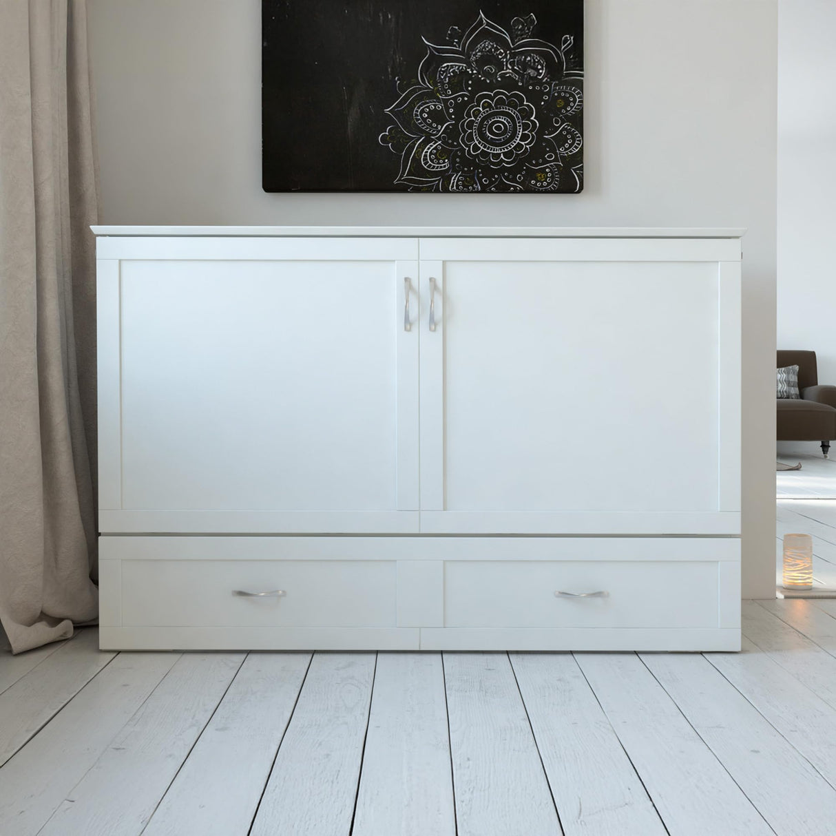 AFI Hamilton Queen Murphy Bed Chest with Mattress, Storage, and Built-in Charger in White AFI