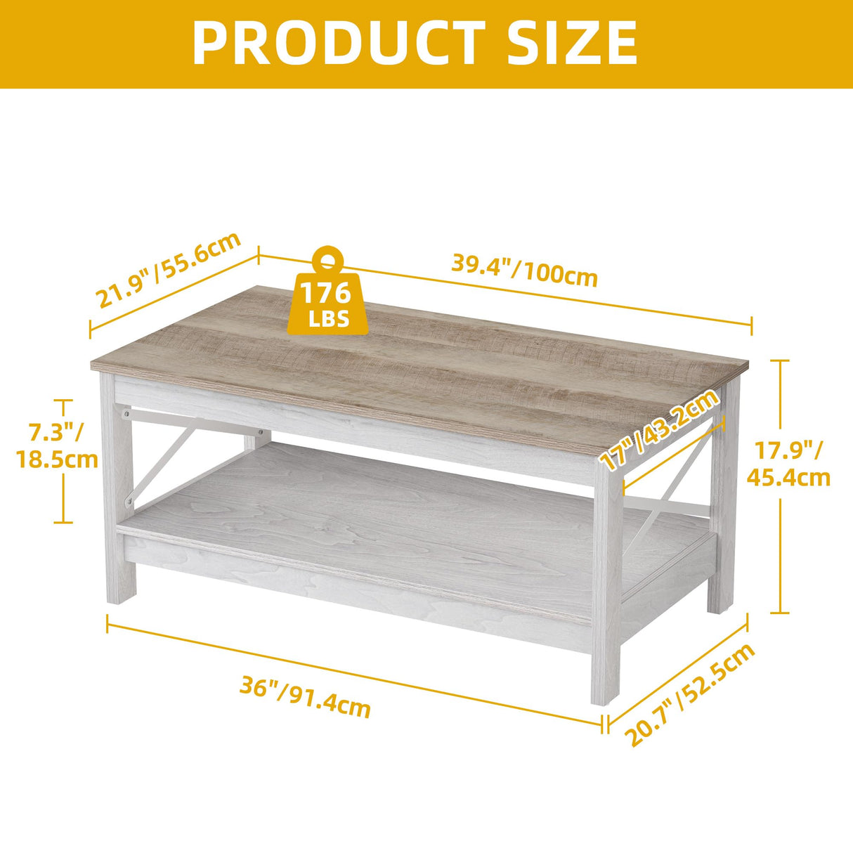 DWVO Coffee Tables for Living Room,Farmhouse Coffee Table, Storage Coffee Table, Small Coffee Table, Wood Coffee Table with Thicker Legs 2 Tier Coffee Table Center Table for Living Room, Grey Wash DWVO