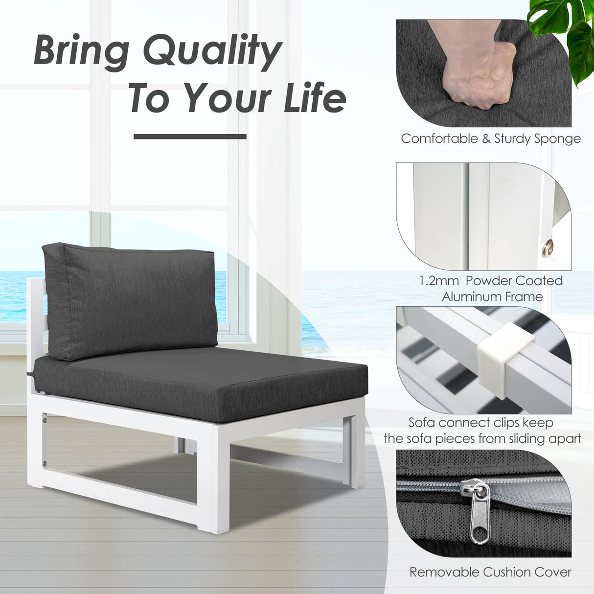 RADIATA 9 Pieces Aluminum Patio Furniture with Fire Pit Conversation Set with 29'' Large Depth Seat Outdoor Luxury Sofa Set (Dark Gray with White Aluminum) RADIATA