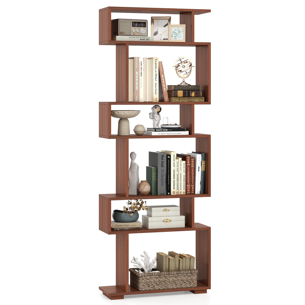 LOKO 6-Tier Storage Bookshelf, Tall Display Shelf with Anti-toppling Kits, Decorative Room Divider, S-Shaped Geometric Bookcase for Study, Living Room, Office (1,Walnut) LOKO