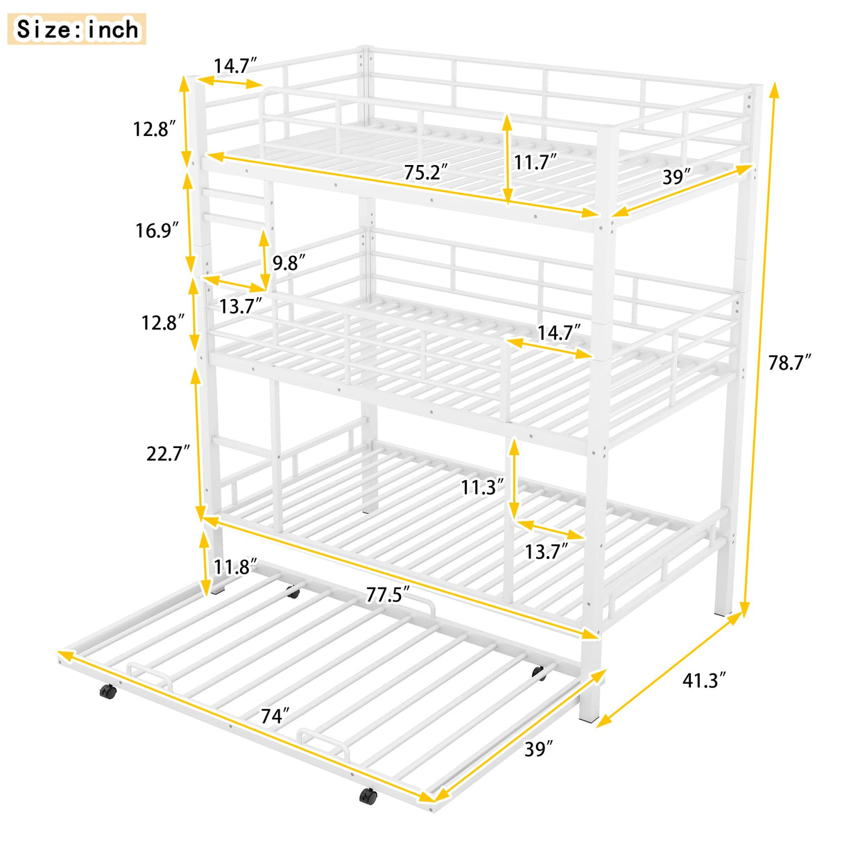 Harper & Bright Designs Metal Triple Bunk Bed with Trundle, Quad Bunk Beds Twin Over Twin, 3 Bunk Beds with 2 Ladders & Guardrails, Convertible Heavy Duty Steel Frame for Bedroom, Dorm, White Harper & Bright Designs