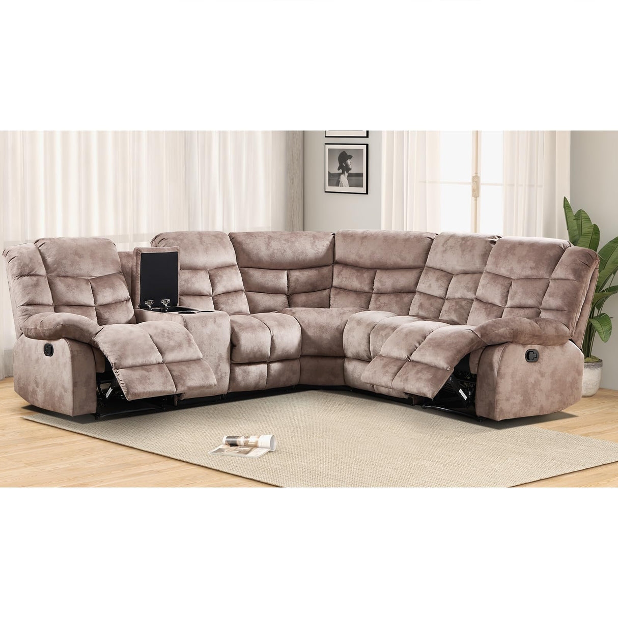 EBELLO Manual Reclining Sectional Sofa Set for Living Room, Soft Fabric Recliner Corner Sectional Couch with Center Console, Cup Holder and Storage, Brown EBELLO