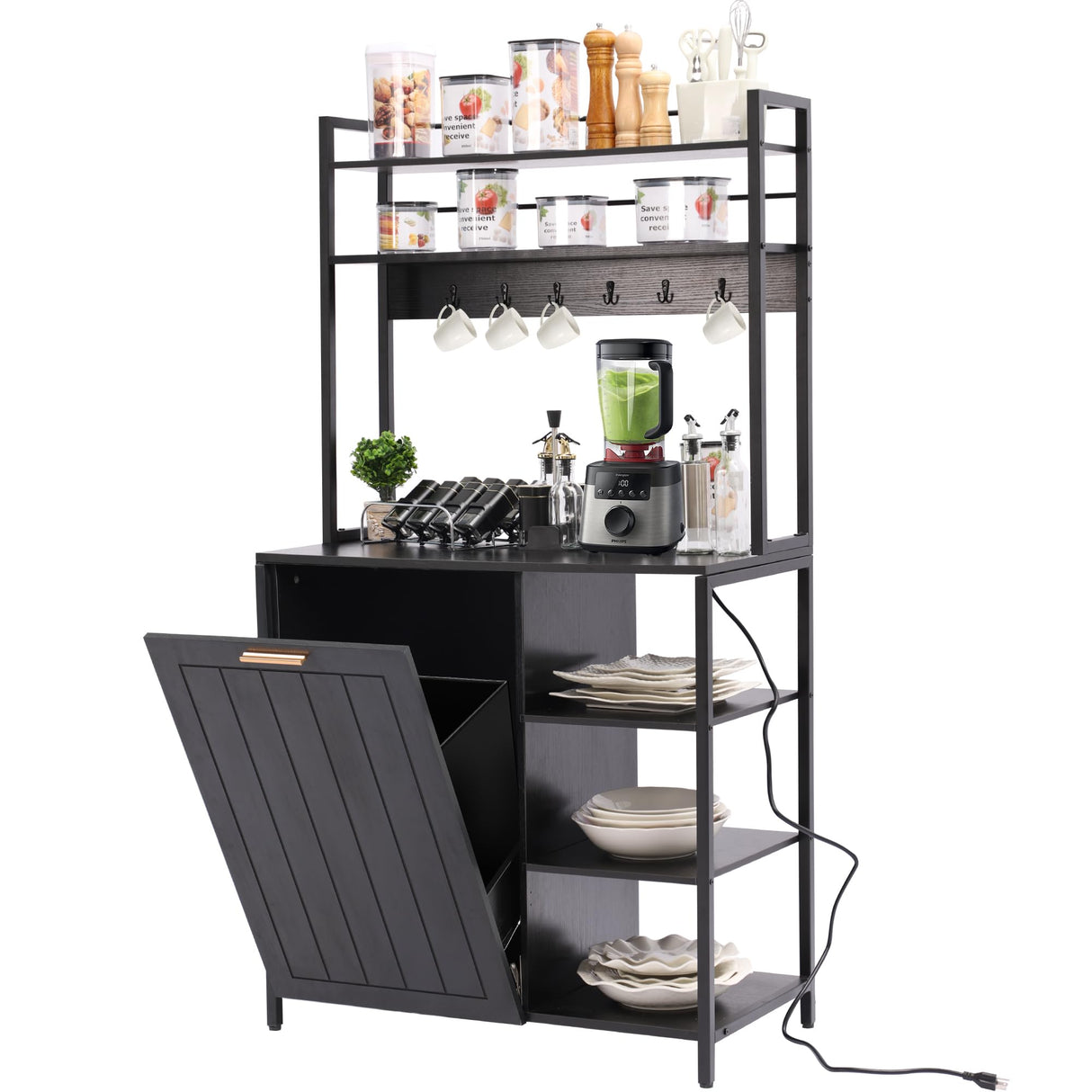 MAGIC UNION Bakers Racks Kitchen Microwave Stand Cabinet with 10 Gallon Trash Can Bin Cabinet and Power Outlet, 6-Tiers Farmhouse Coffee Bar Table Station with 6 Hooks and Storage Shelf, Black (Black) MAGIC UNION