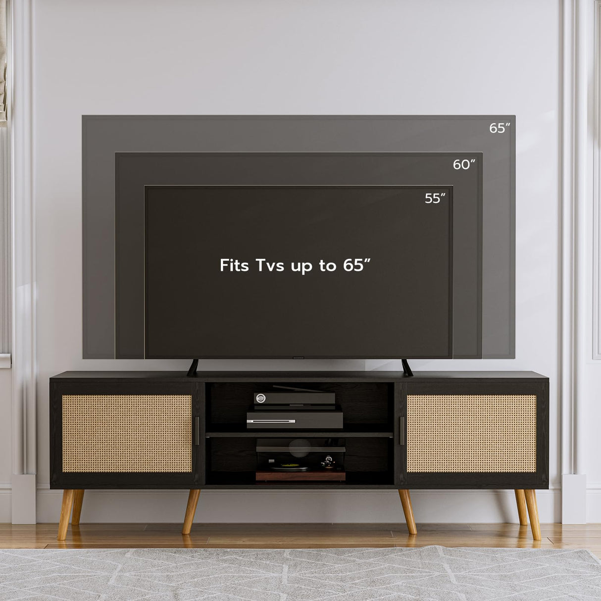 ZttRiee TV Stand for TVs up to 65'', Entertainment Center with Rattan Door, Shelves & 2 Cabinets, Boho Media TV Console for Living Room, Bedroom, Black ZttRiee