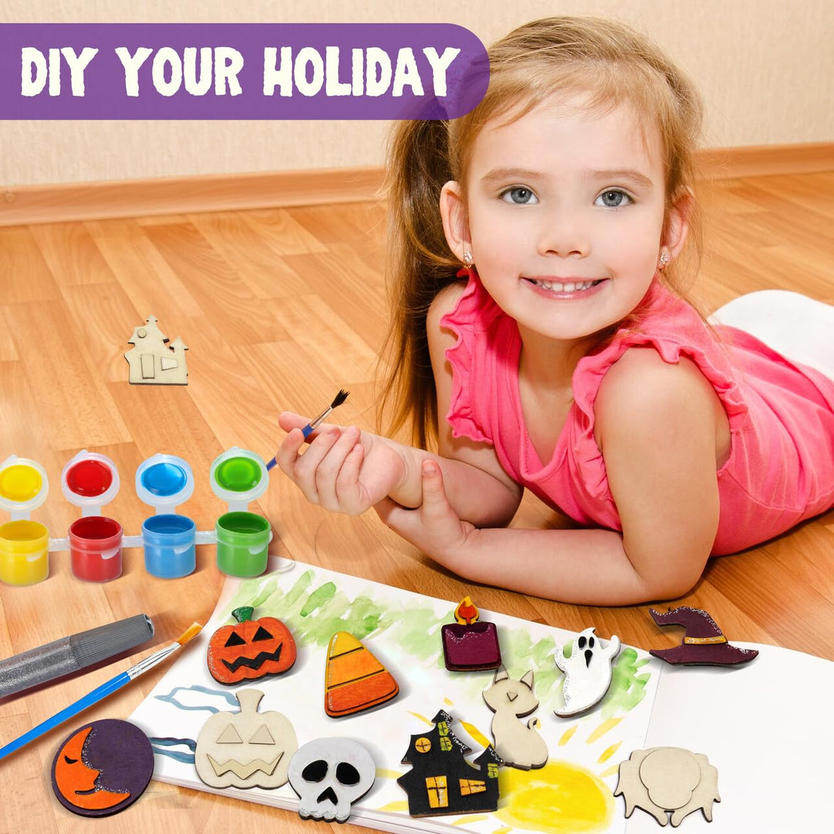 JOYIN 12 Pcs Halloween Wood Craft Kit, Wooden Magnet Creativity Arts Painting Kit, DIY Halloween Painting Craft for Kids Party Supplies, Toddler Party Favors Family School Activities JOYIN