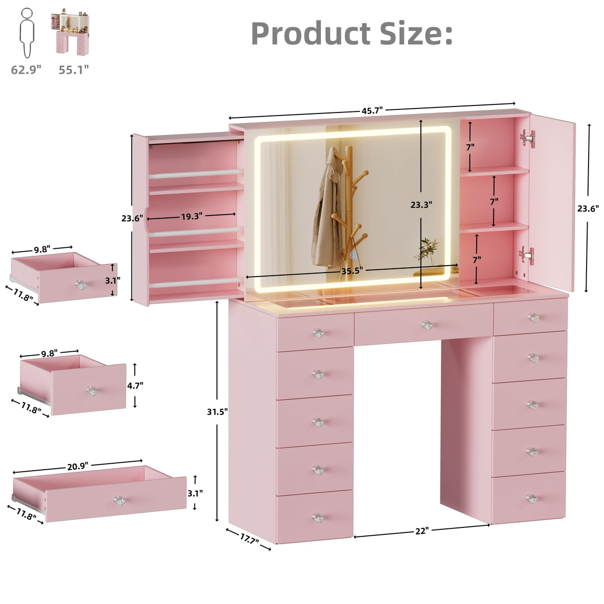 SDMY 46" Makeup Vanity with Large LED Mirror, Glass Tabletop Vanity Desk, 11 Storage Drawers, Hidden Storage Behind Mirror, Charging Station, Bedroom Vanity with Mirrored Cabinet (Pink) SDMY