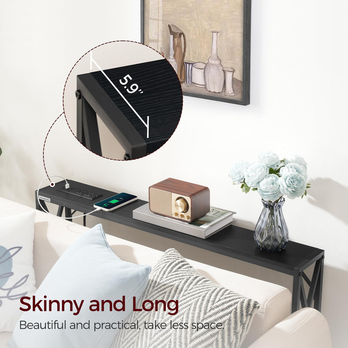MAHANCRIS Sofa Table with Charging Station, 39.4” Console Table, Narrow Entryway Table, Slim Hallway Table, Retro Couch Table, for Entrance, Foyer, Living Room, Hallway, Black CTHB151E01 MAHANCRIS