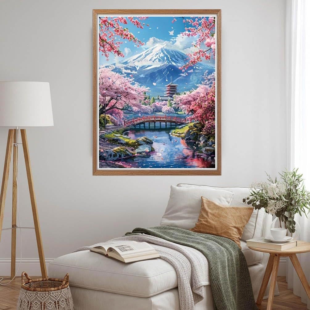 MOMDEDP 5D Mount Fuji Diamond Painting Kits for Adult, Mountain Sakura Diamond Art Kits for Beginners, DIY Full Drill Floral Diamond Dot Gem Art Kits for Home Decor 12 x 16 Inch Cherry MOMDEDP