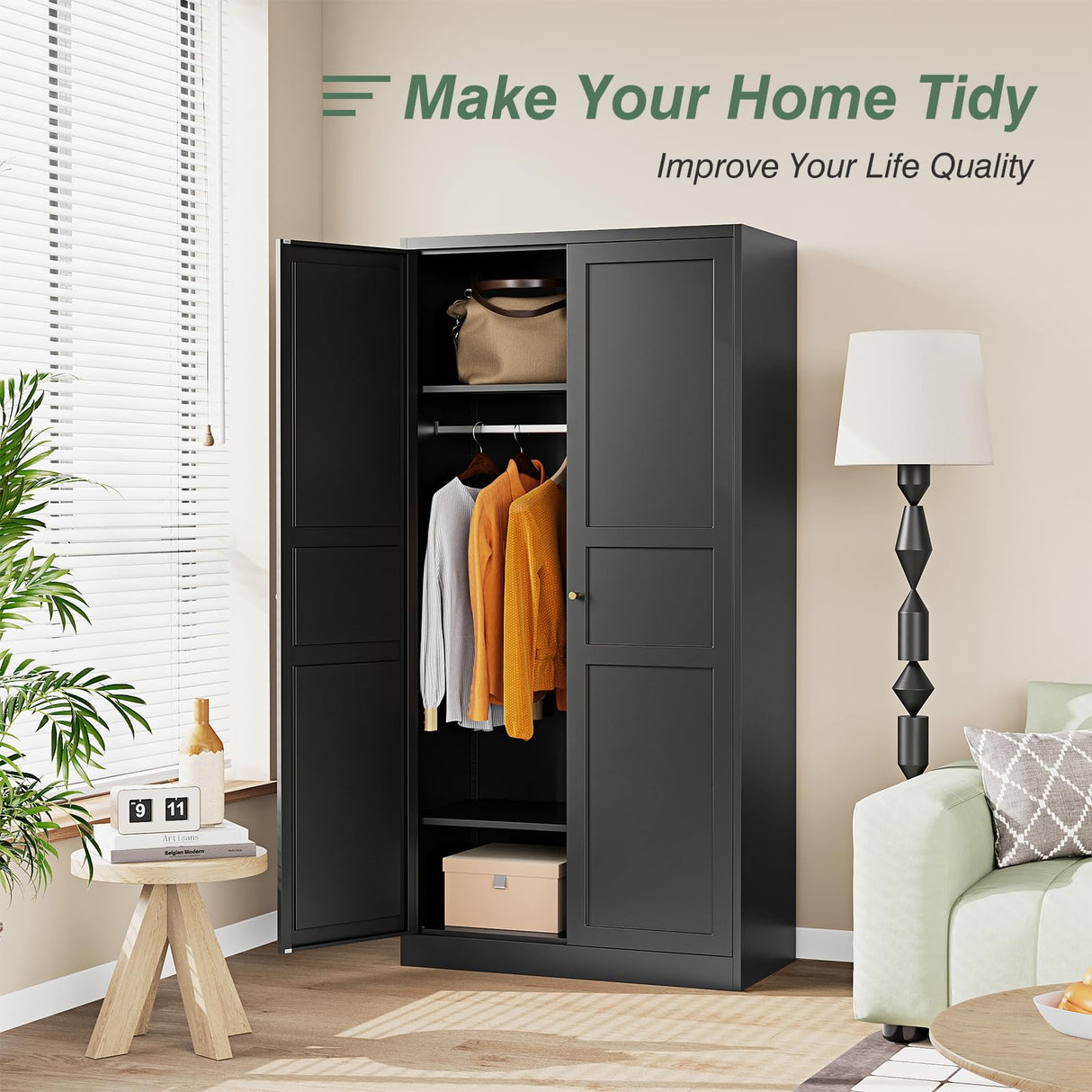 LISSIMO Metal Wardrobe Closet Cabinet,Armoire Wardrobe Closets Storage Cabinets with Doors and Shelves for Laundry Room,Bedroom,Home Office,Bathroom(Black LISSIMO