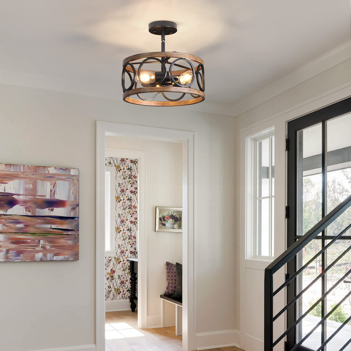 Galtlap Semi Flush Mount Ceiling Light, 3-Lights Modern Farmhouse Ceiling Lighting Fixture, Vintage Close to Ceiling Light for Kitchen Hallway Foyer Bedroom Black and Wood Grain Finish Galtlap