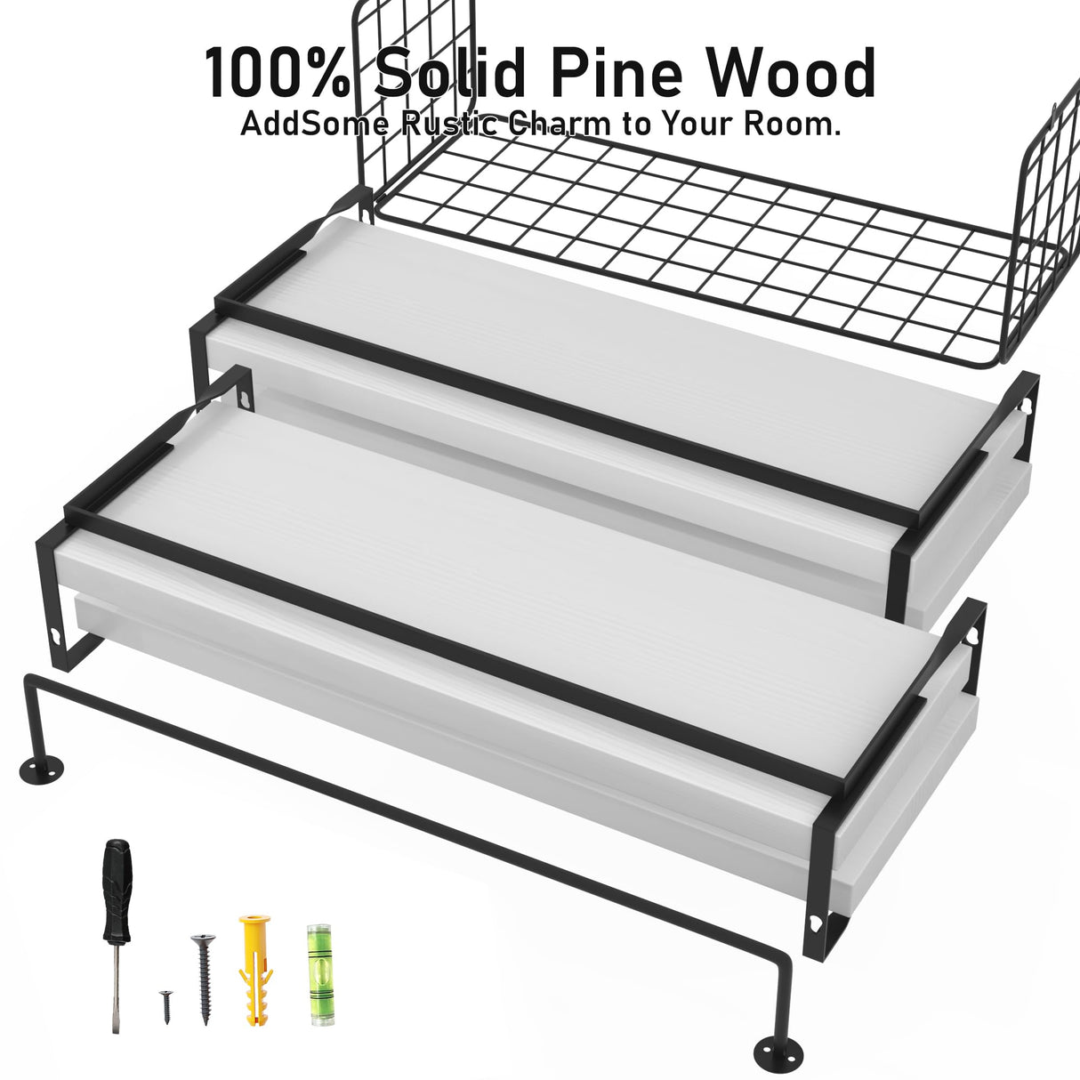 White Wood Floating Shelves Wall Mounted - 3+1 Tier Rustic Bathroom Wall Shelves Over Toilet with Wire Storage Basket and Towel Bar, set of 4 Farmhouse Floating Shelf for Bathroom, Kitchen, Bedroom. LUDORU