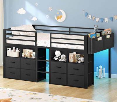 ADORNEVE Low Loft Bed Twin Size with 8 Storage Drawers, Twin Loft Bed with Bookcase and LED Lights, Metal Kids Loft Bed with 14" H Safety Guardrail, Under-Bed Play Space, No Box Spring Needed, Black