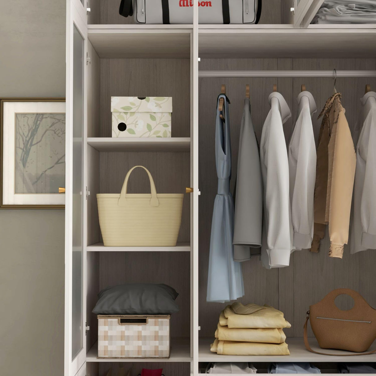 TAMUNE 4 Door Wardrobe Armoire Closet with Hanging Rods & 2 Drawers, Bedroom Armoire with Frosted Glass Doors, Top Cabinets & Gold Knobs, Wood Grain, 19.9”D x 63”W x 86.6”H TAMUNE