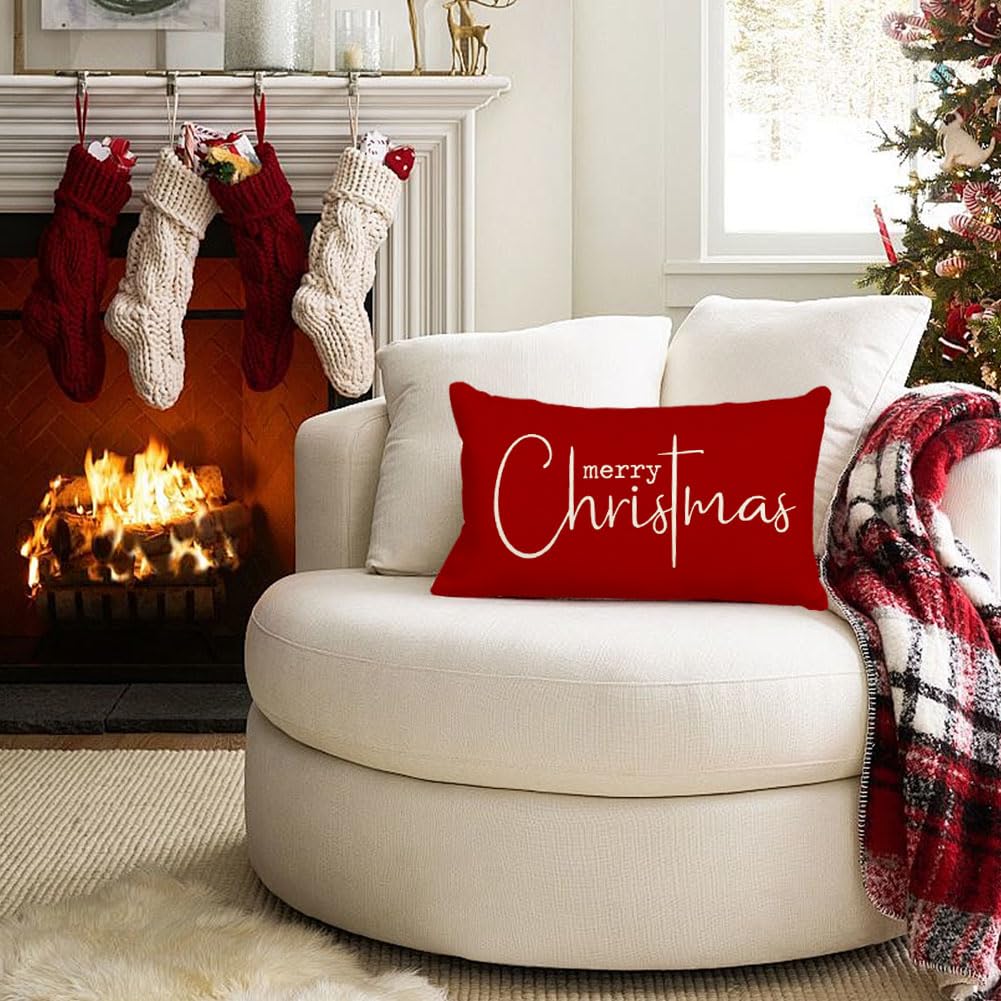 RABUSOFA Christmas Pillow Covers 12x20 Inch,Red Merry Christmas Saying Decorations Winter Decorative Throw Pillow Cases,Farmhouse Holiday Xmas Lumbar Cushion Covers for Couch Living Room(16) RABUSOFA