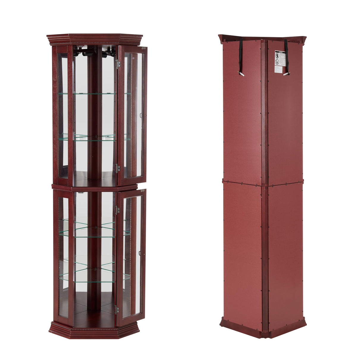 Goujxcy Lighted Corner Display Curio Cabinet Wooden Curved Shelving Unit with Adjustable Shelves and Mirrored Back Panel, Tempered Glass Doors for Bedroom, Living Room(Cherry, Corner Shape) Goujxcy