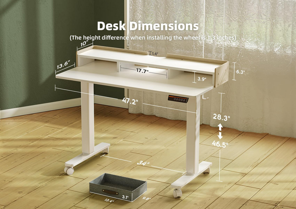 YDN Electric Standing Desk with Drawers, Adjustable Height Stand Up Desk, 48 inch Electric Sit Stand Computer Desk for Home Office, White YDN