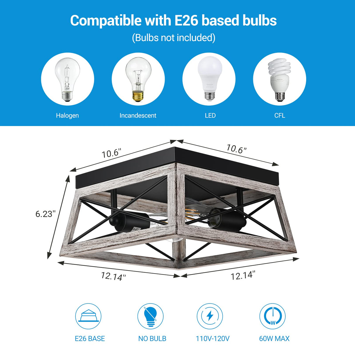 DEWENWILS Farmhouse Flush Mount Ceiling Light, Metal Ceiling Light Fixture with Wood Grain Finish, 2-Lights Hallway Light Fixture Ceiling Mount for Entryway, Foyer, Dining Room DEWENWILS