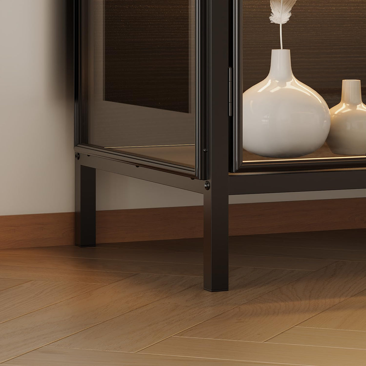 HOMSETTIE Glass Display Cabinet with LED Lights & Glass Shelves, Modern Curio Display Storage Cabinet with 4 Shelves for Collections, Trophies, Black HOMSETTIE