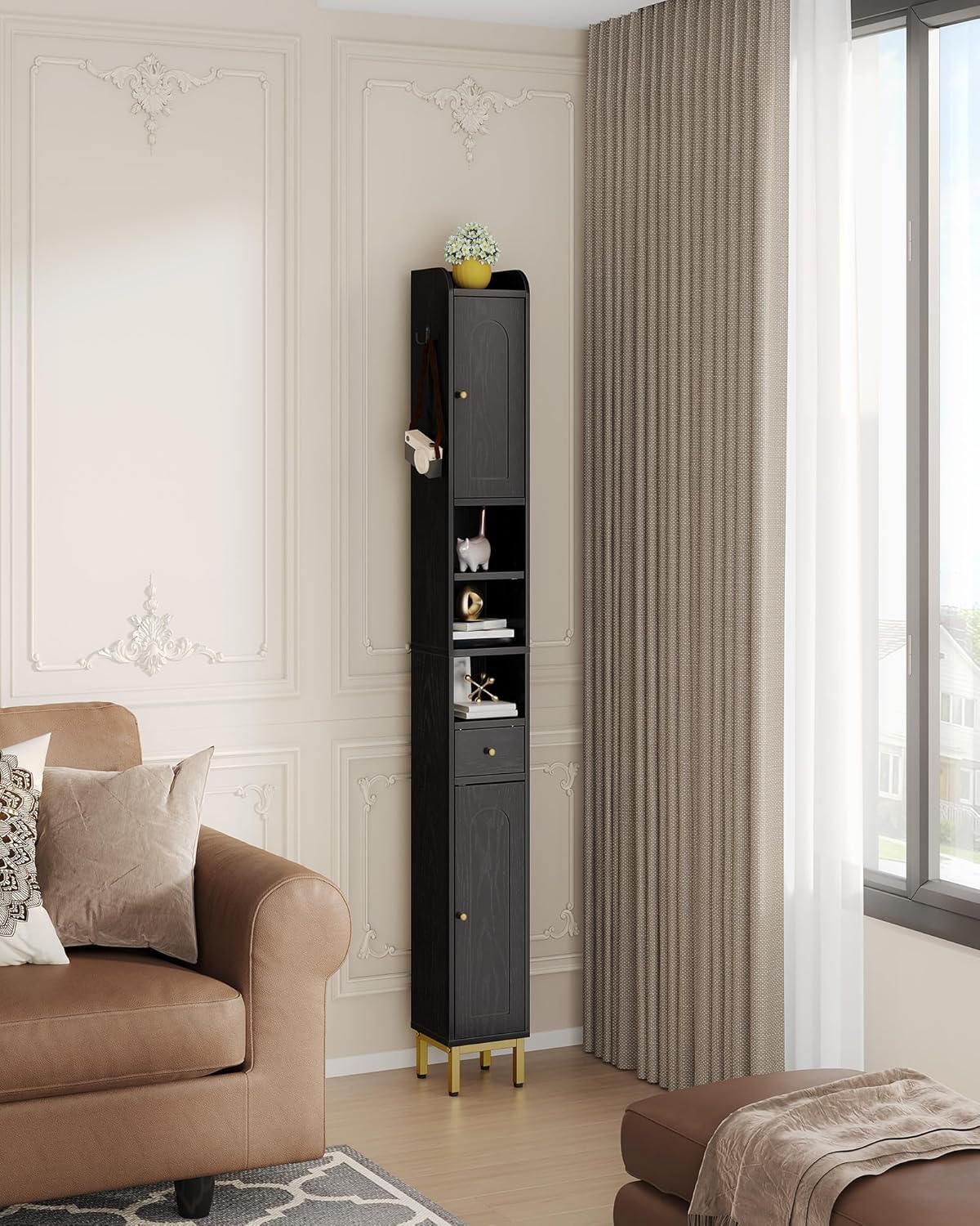 Hzuaneri Bathroom Cabinet with Adjustable Shelves, Freestanding Floor Cabinet, Tall Black Bathroom Storage Cabinet, Narrow Toilet Paper Storage, 7.9"D x 7.9"W x 70.9"H Hzuaneri