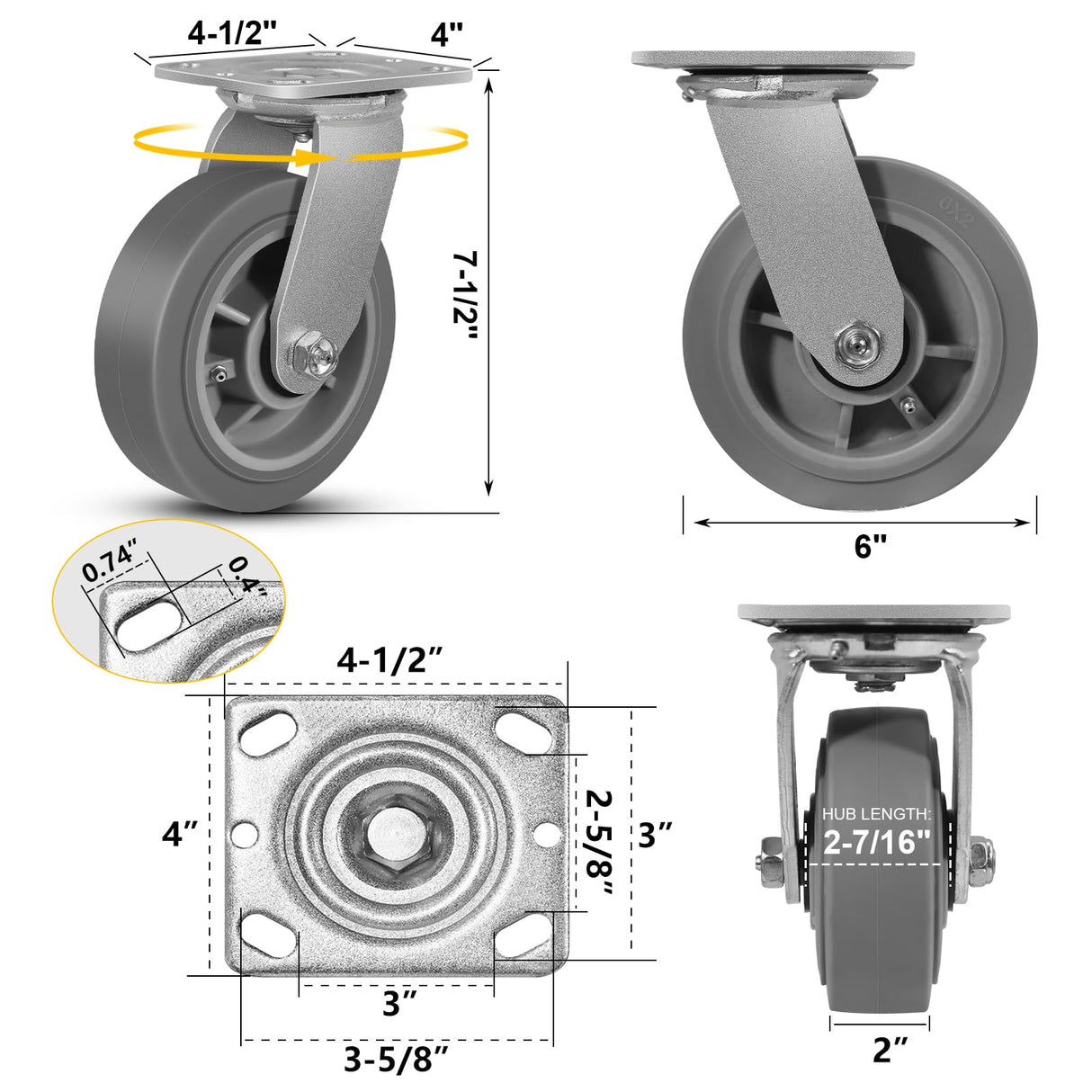 NINOSO 6" Heavy Duty Casters, Swivel Rubber Casters Set of 4 No Noise Plate Caster Wheels, Load Capacity 3200lbs Ninoso