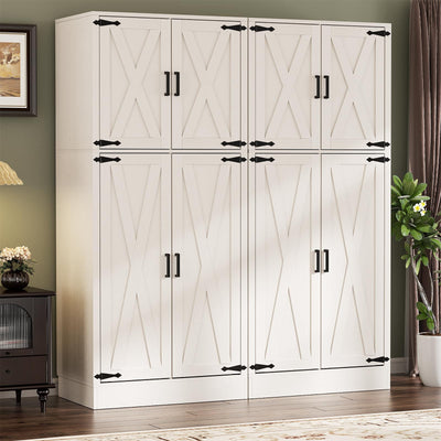 Unikito 71'' Farmhouse Wardrobe Closet with Hanging Rod, 4 Barn Door Clothing Storage Cabinet with Adjustable Shelves, Freestanding Wardrobe Cabinet for Bedroom Living Room Office, White,2 Pack