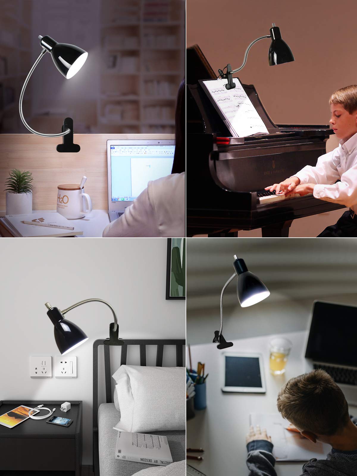 Desk lamp Eye-Caring Table Lamps, 360°Rotation Gooseneck Clip on Lamp Reading Light Portable Reading Book Light, Clamp Light, Study Desk Lamps for Bedroom and Office Home Lighting (Black) LALISU