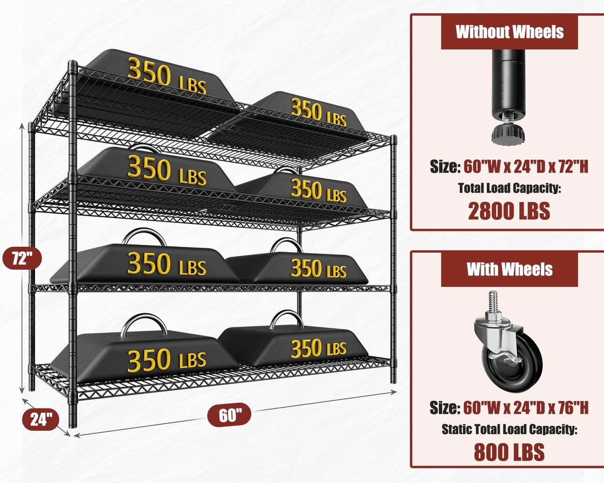 PrimeZone 60" W x 24" D x 76" H Heavy Duty Wire Storage Shelves with Wheels, 4 Tier Adjustable NSF Certified Garage Shelving Unit, Rolling Metal Organizer Shelf Rack for Warehouse, Pantry, 2 Packs PrimeZone