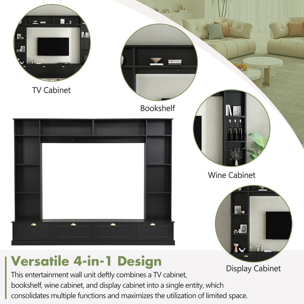 Merax Large Wall Unit Entertainment Center with Bookshelves for Televisions Up to 78'', Modern 4-in-1 TV Stand with Cabinets, Open Shelves and Golden Handles, Black, 104.2''W*81.2''H Merax