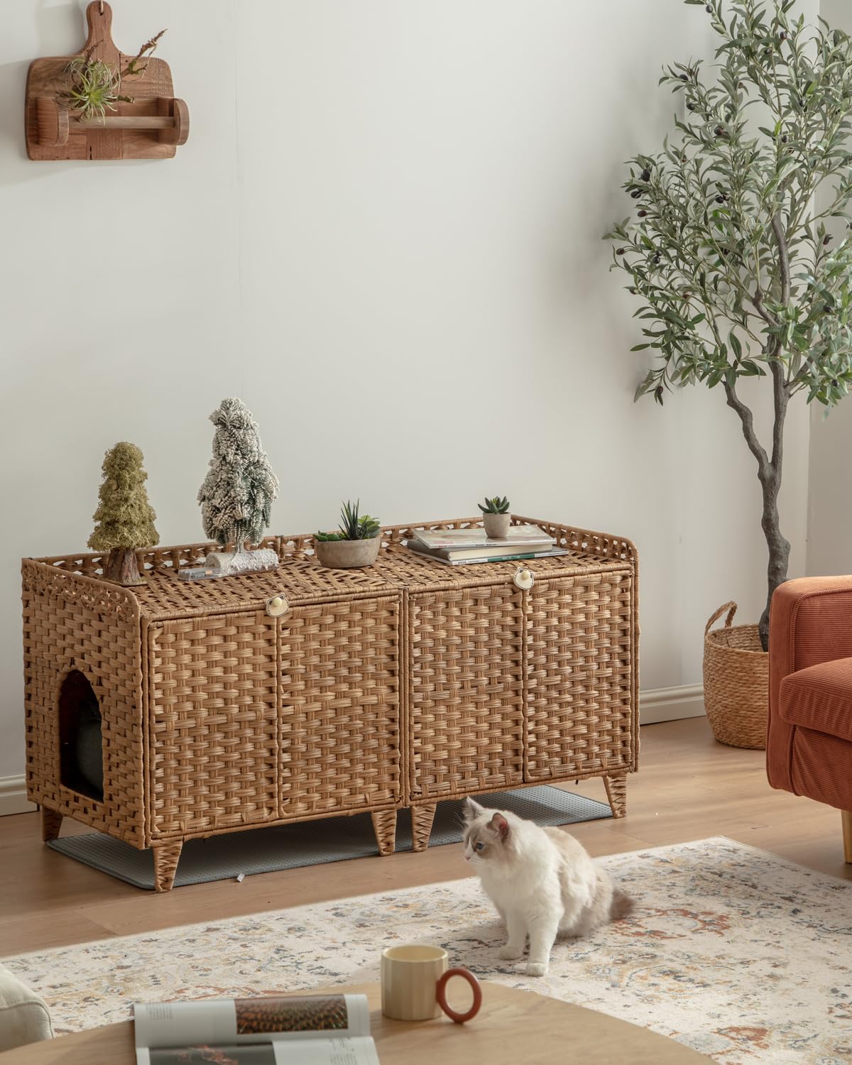 SETVSON Cat Litter Box Enclosure for 2 Cats, Double Litter Box Furniture with Litter Mat, Large Rattan Hidden Kitty Cat House with Double Room and Doors, 2 S-Shaped Hooks, 2 Inch Fence Natural SETVSON