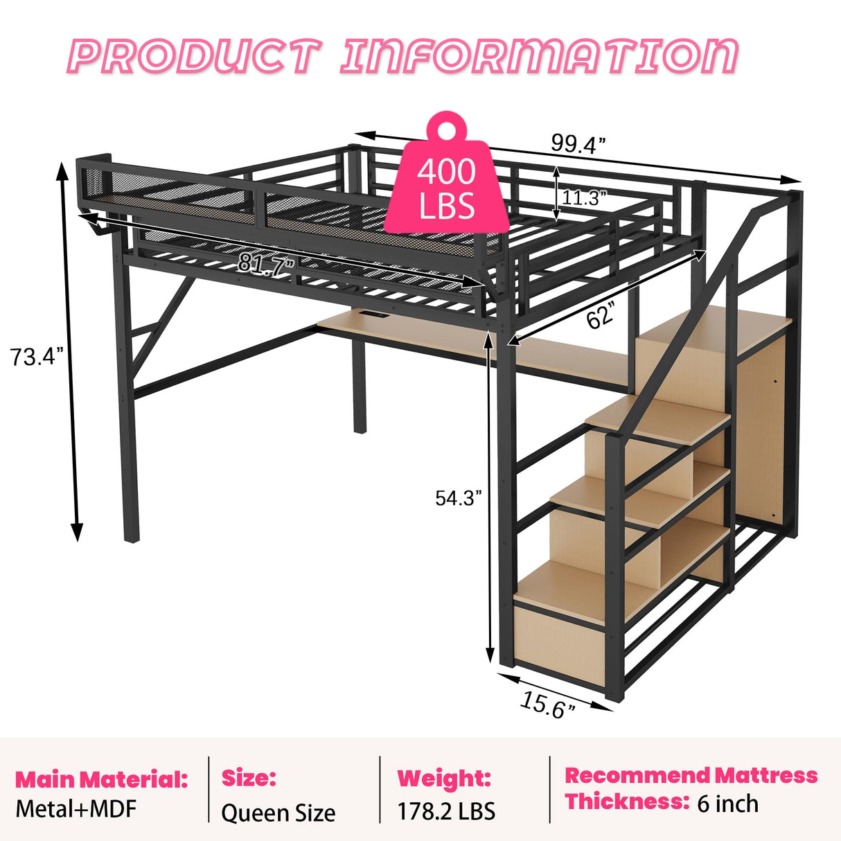 Metal Loft Bed with Desk and RGB LED Lights, Queen Size Loft Bed with Stairs and Charging Station,Adult Loft Beds with Storage Shelves for Upper and Wardrobe,Loft Beds Frame for Kids Teens, Black Duxelifin