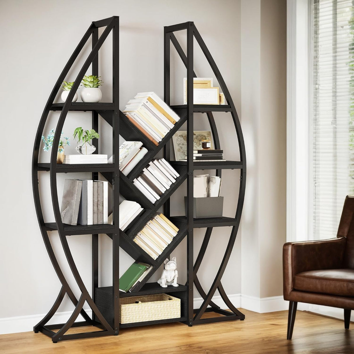 GOOBED Oval Bookshelf, Triple Wide 5 Tier Etagere Bookcase, Industrial Display Shelves Tree Bookshelf for Living Room, Bedroom, Home Office, Black GOOBED