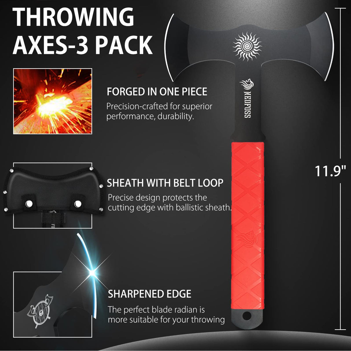 NedFoss Throwing Axes and Tomahawks with Innovative TPR Rubber Handle, 11.9" Full Tang Double Bit Throwing Axe Set with Sheath, Viking Axe Throwing Game for Recreation and Competition NedFoss