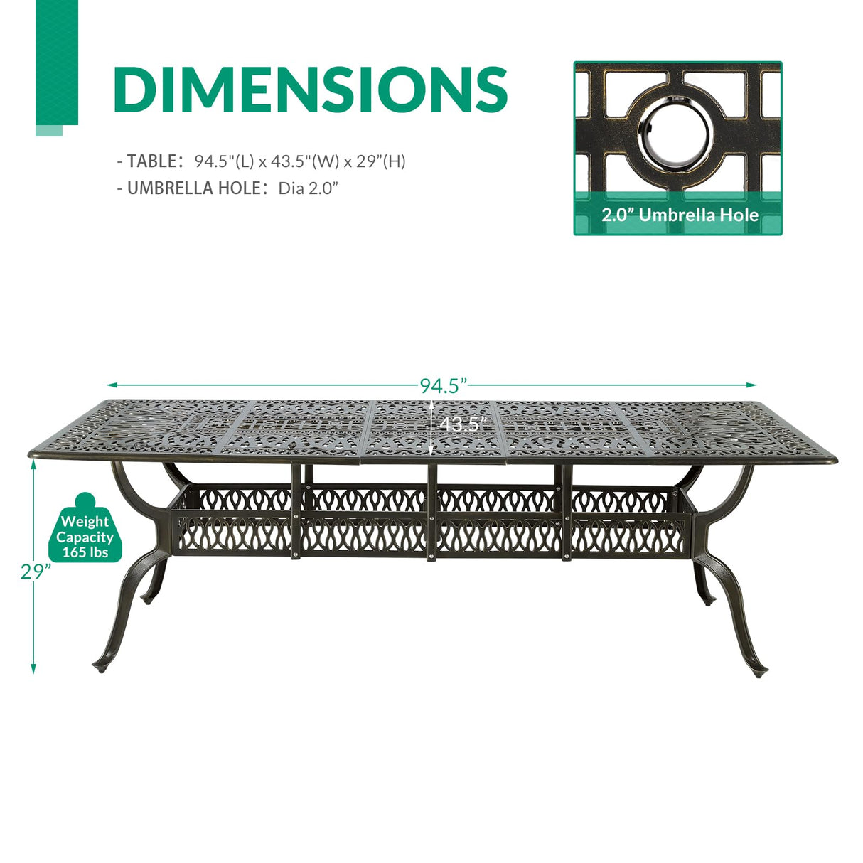 VIVIJASON 94.5" Patio Dining Table for 8-10 People, Large Rectangle Cast Aluminum Dining Table with 2" Umbrella Hole, Weather-Resistant Patio Dining Table for Deck Garden Backyards, Dark Bronze VIVIJASON