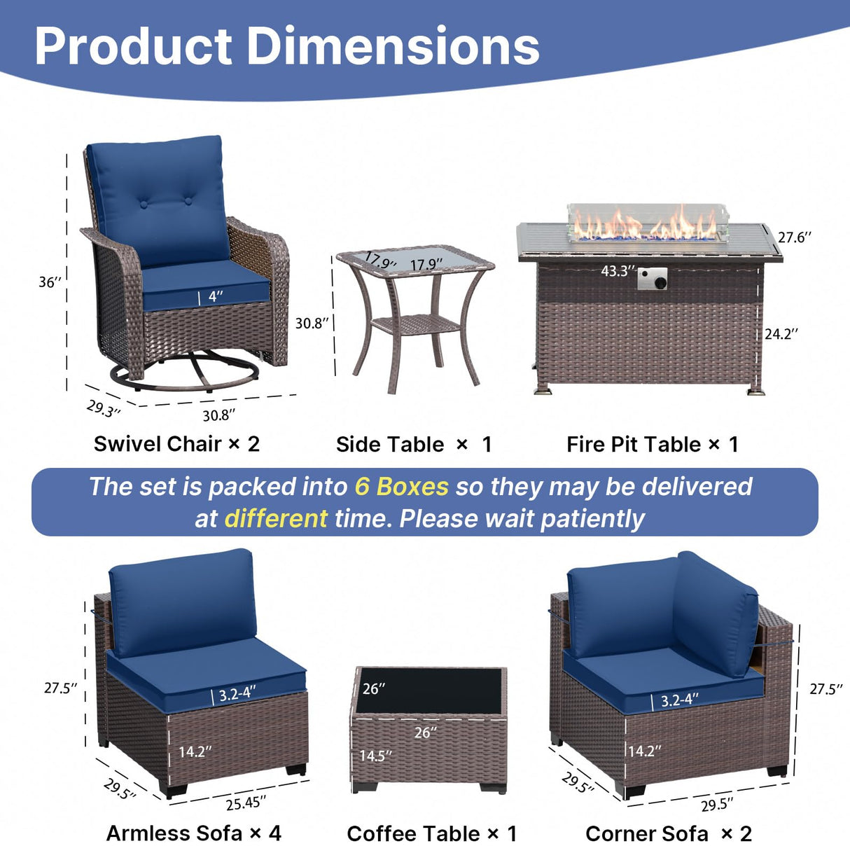 ALAULM 11 Pieces Patio Furniture Set with 2 Swivel Chairs Patio Furniture Outdoor Sectional Sofas with 55000 Gas Fire Pit Patio Conversation Set w/8 Cushions-Dark Blue ALAULM