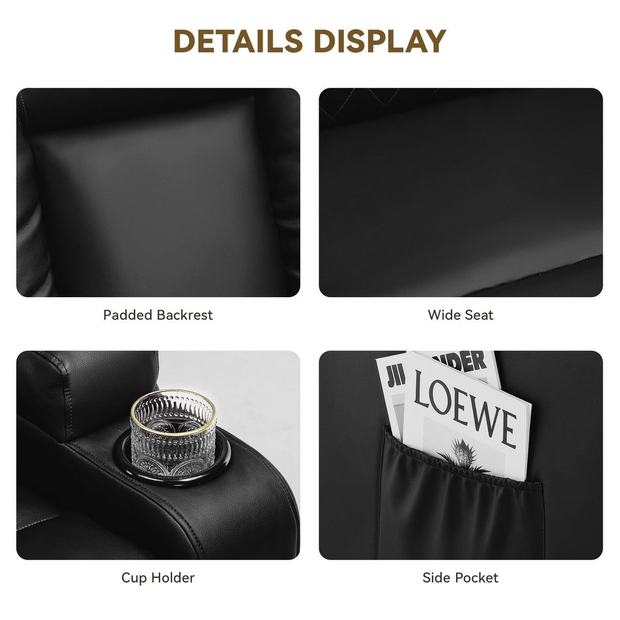 COMHOMA Recliner Chair, Swivel Rocker Recliners, Massage and Heat Reclining Chair, Reclining Sofa with Side Pockets, Cup Holders for Living Room, Bedroom (Black) COMHOMA