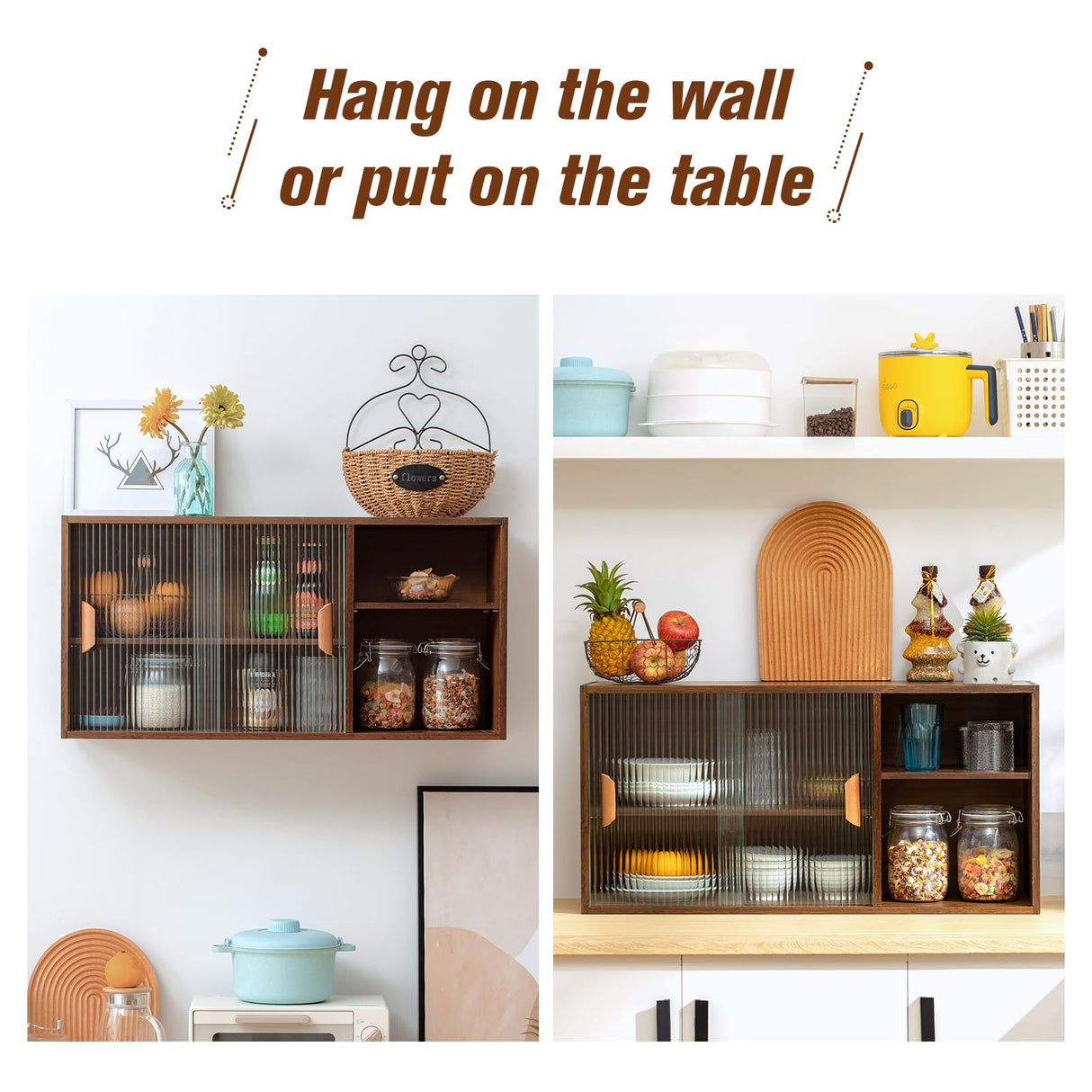 HollyHOME Bamboo Wall Mounted Kitchen Sideboard with 2 Sliding Glass Door, Freestanding Wall Storage Cabinet with Side Shelf for Bottle, Dish, Bowl, Console Dining Cupboard, Walnut HollyHOME