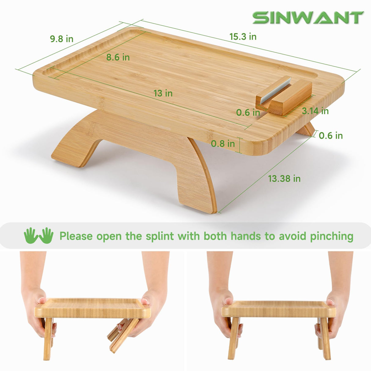 SINWANT Bamboo Sofa Clip on Side Table for Wide Couches Arm, Foldable Couch Tray with 360° Rotating Phone Holder, Armrest Table for Eating/Drinks/Snacks/Remote/Control SINWANT