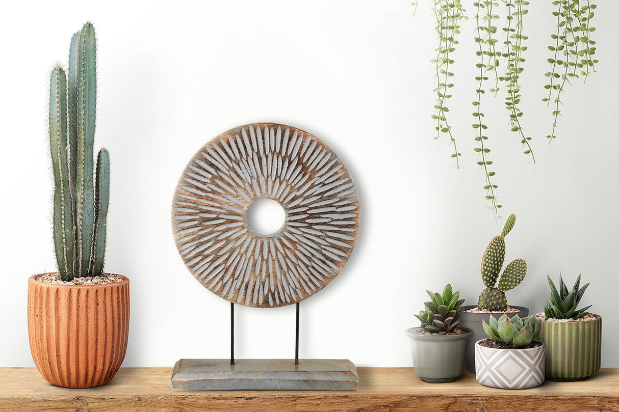 Eximious India Farmhouse Table Sculpture Home Decor Statue Mandala Carved for Modern Home 10" x 14", Living Room, Fireplace Mantel Shelf, Table and Entryway Decor Stand KHST06 Eximious India