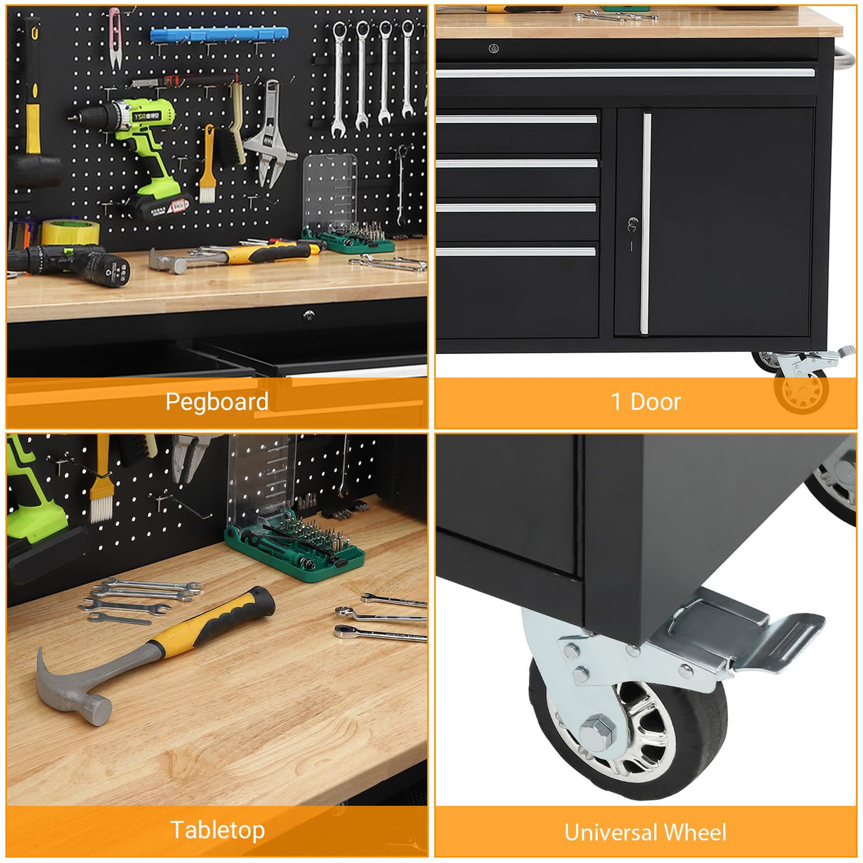 61-inch Rolling Tool Chest, 10 Drawers Garage Workbench Storage Tool Cabinet with Power Strip, Solid Rubber Wood Top, 1675 LBS Load Mobile Workstation, Heavy Duty Rolling Cabinet GAOMON