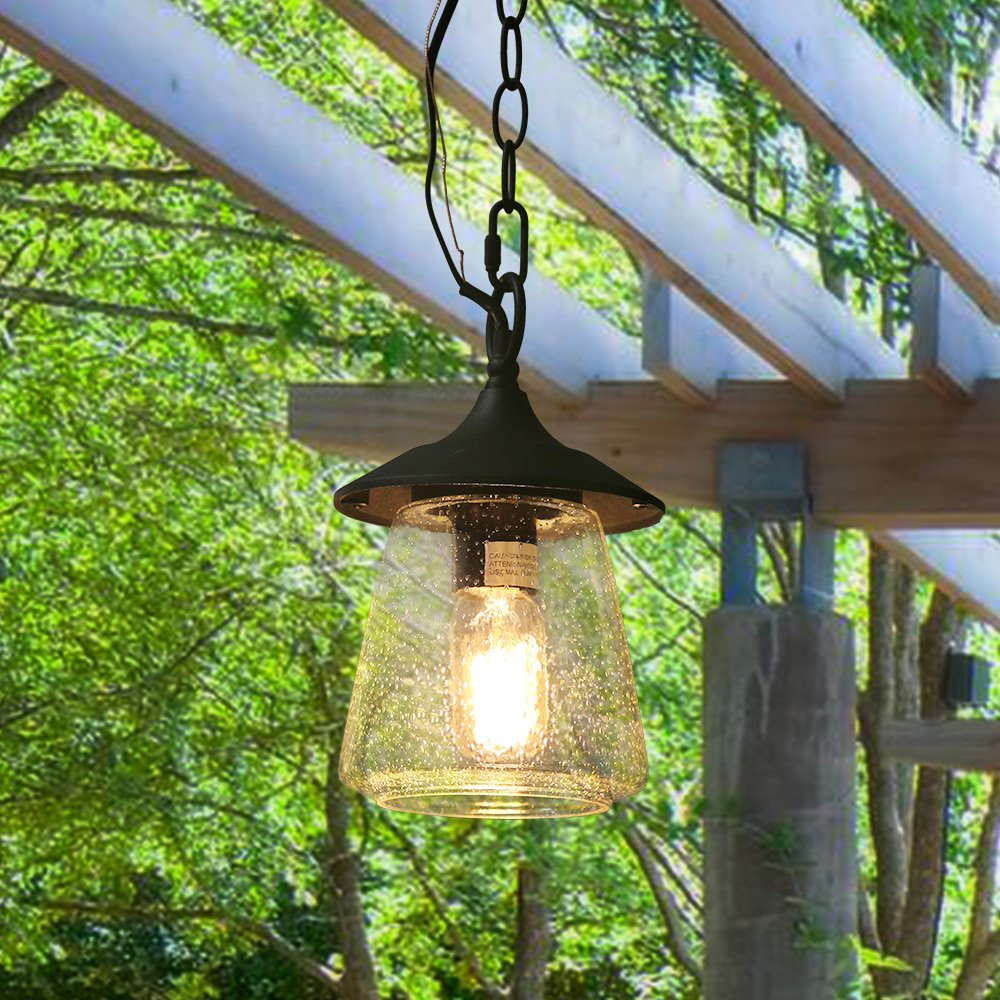 LOG BARN Outdoor Pendant Lights, Porch Fixture in Painted Black Metal with Clear Bubbled Glass Globe, Hanging Lantern Lamp for Gazebo, Entry, Yard LOG BARN