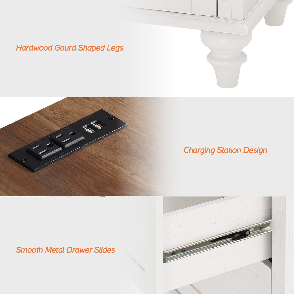 WAMPAT Set of 2 End Table with Charging Station, Wood Nightstands with Drawer and Storage Cabinet, Modern Side Tables Living Room Set of 2, Farmhouse Night Stands Bedside Table for Bedroom, White WAMPAT