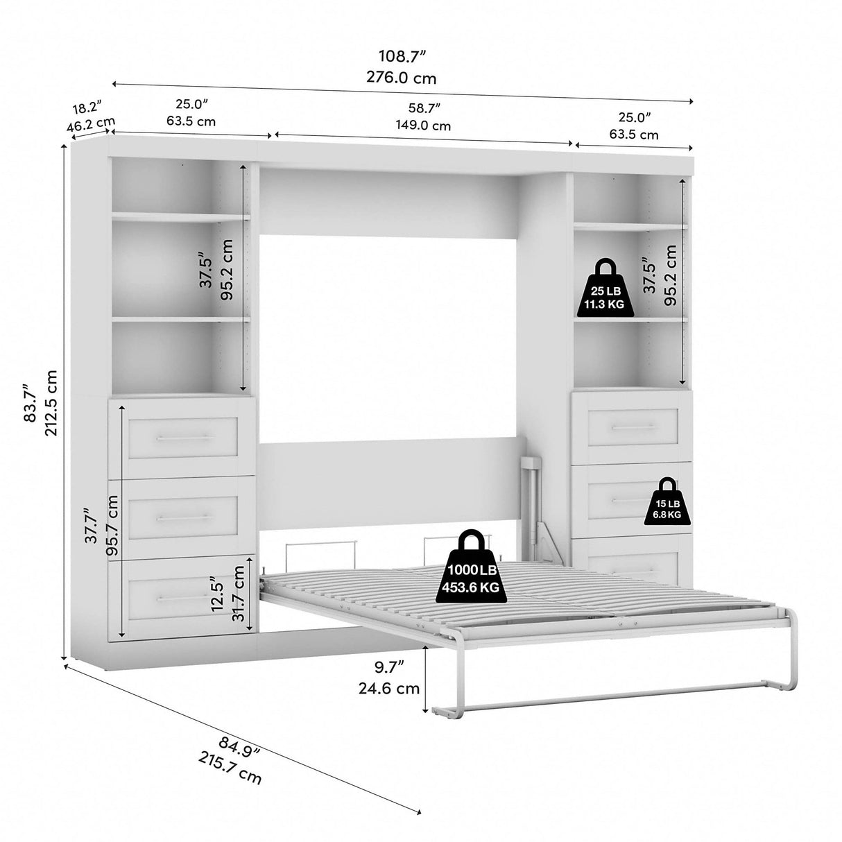 Bestar Pur Full Murphy Bed and 2 Shelving Units with Drawers, 109-inch Space-Saving Sleeping Arrangement in White Bestar