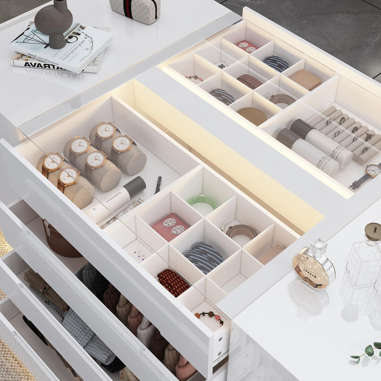 Homsee Armoire Bedroom Island with LED Light, Glass Tabletop & Storage Organizer, Wardrobe Closet Walk-in Island with 16 Drawers for Bedroom Shops, White Homsee