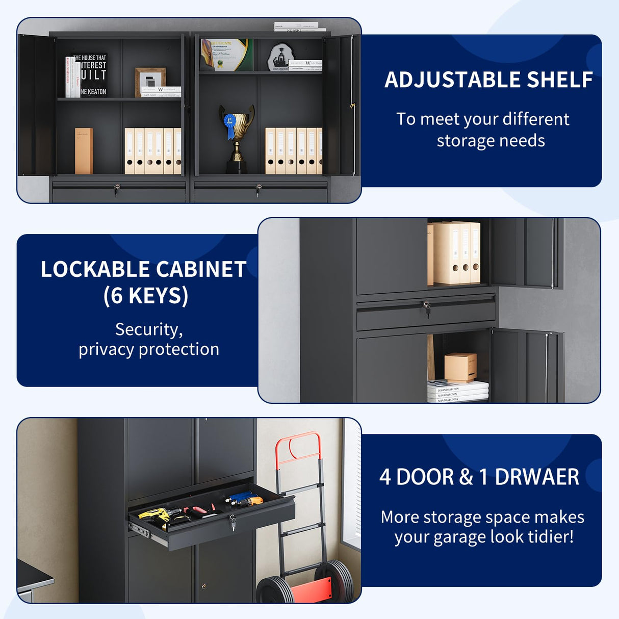 Yizosh Metal Garage Storage Cabinet with Locking Doors and Adjustable Shelves, Tool Storage Cabinet with 1 Drawer - 71" Steel Locking Cabinet for Garage, Warehouse (Black) Yizosh