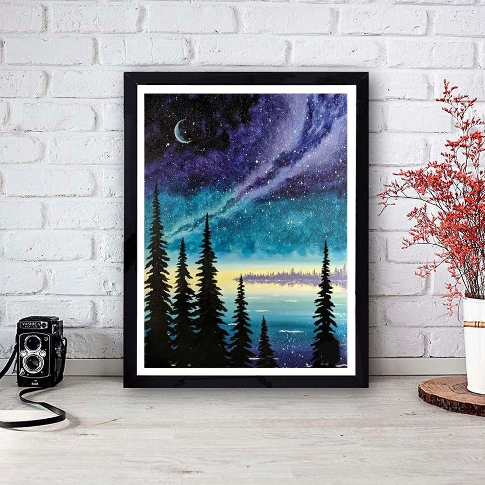 VIGEGU 4 Pack Paint by Numbers Kit for Adults Framed Canvas - with Wooden Easel,Adults' Paint-by-Number Kits Moon Lake Tree Mountain DIY Acrylic Landscape Oil Painting Arts Crafts 7.8x11.8inch VIGEGU