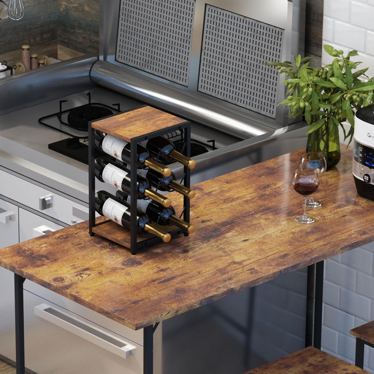 IBUYKE Rustic Wood 6 Bottles Wine Rack for Countertop,3 Tier Free Standing Wine Rack,Wine Bottle Holder Stand Organizer for Home Decor Bar,Cabinet, Pantry,Countertop TMJ901H IBUYKE