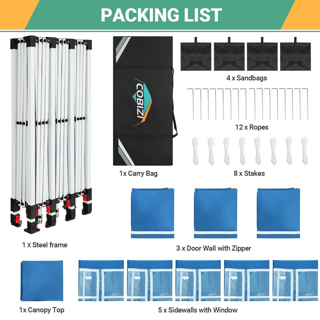 COBIZI 10x30 Canopy Party Tent with 8 Walls 10x30 Pop Up Tent for Parties Waterproof UPF 50+ Outdoor Commercial Event Tent for Party Backyard Gazebo Canopy with Sidewalls & Sandbags(Blue,10x30ft COBIZI