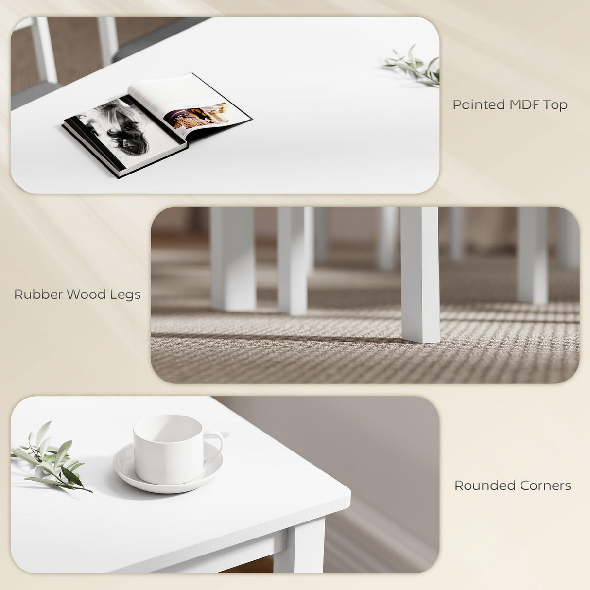 HOMCOM 5-Piece Dining Table Set for 4 with Solid Wood Frame, Farmhouse Kitchen Table Set with 4 Upholstered Padded Chairs for Small Space, Dining Room, Breakfast Nook, Pure White HOMCOM