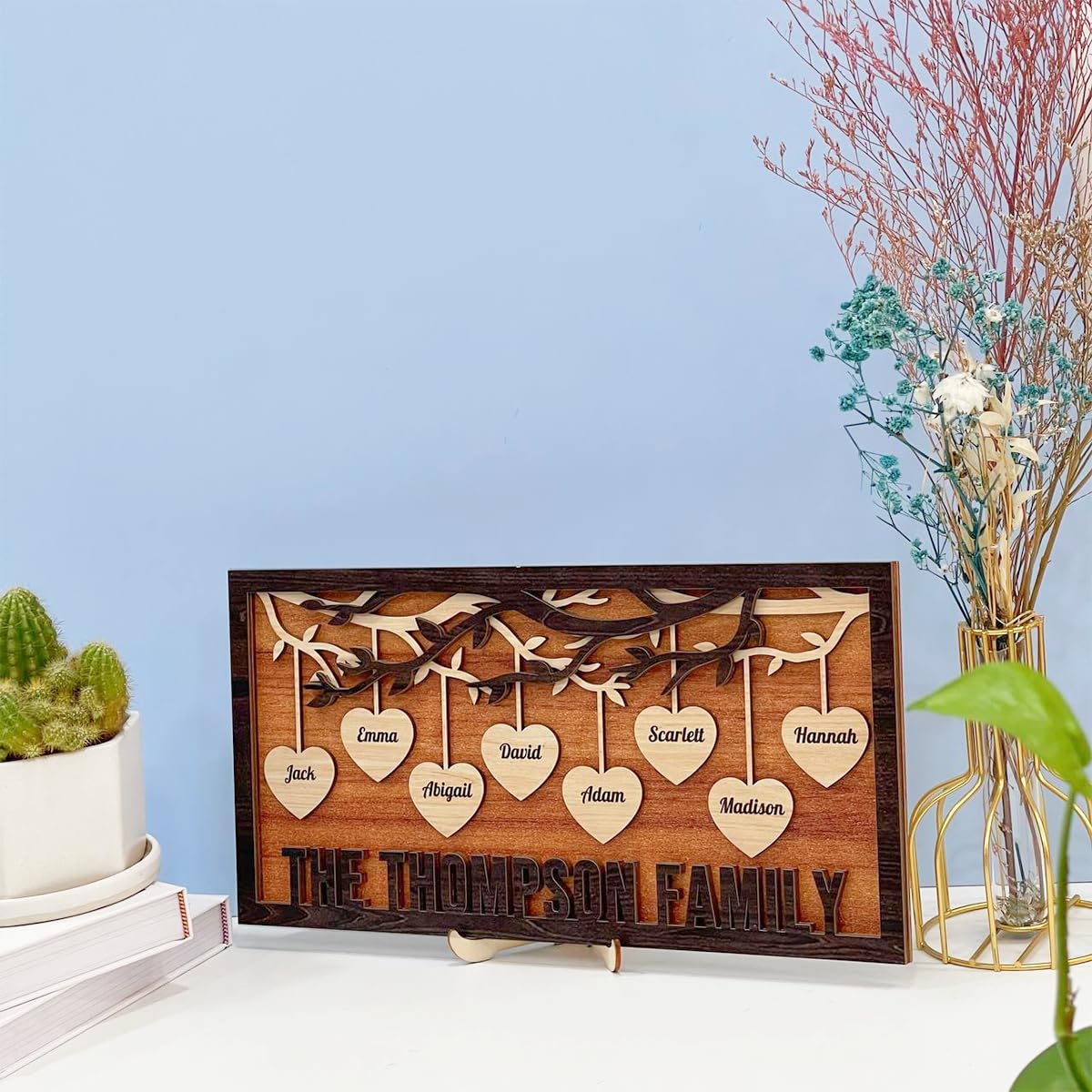 Personalized Family Tree Sign, Custom Name Wooden Family Tree Frame, Engraved Family Names Desk Plaque, Gifts for Anniversary Christmas Thanksgiving Housewarming SANDJEST