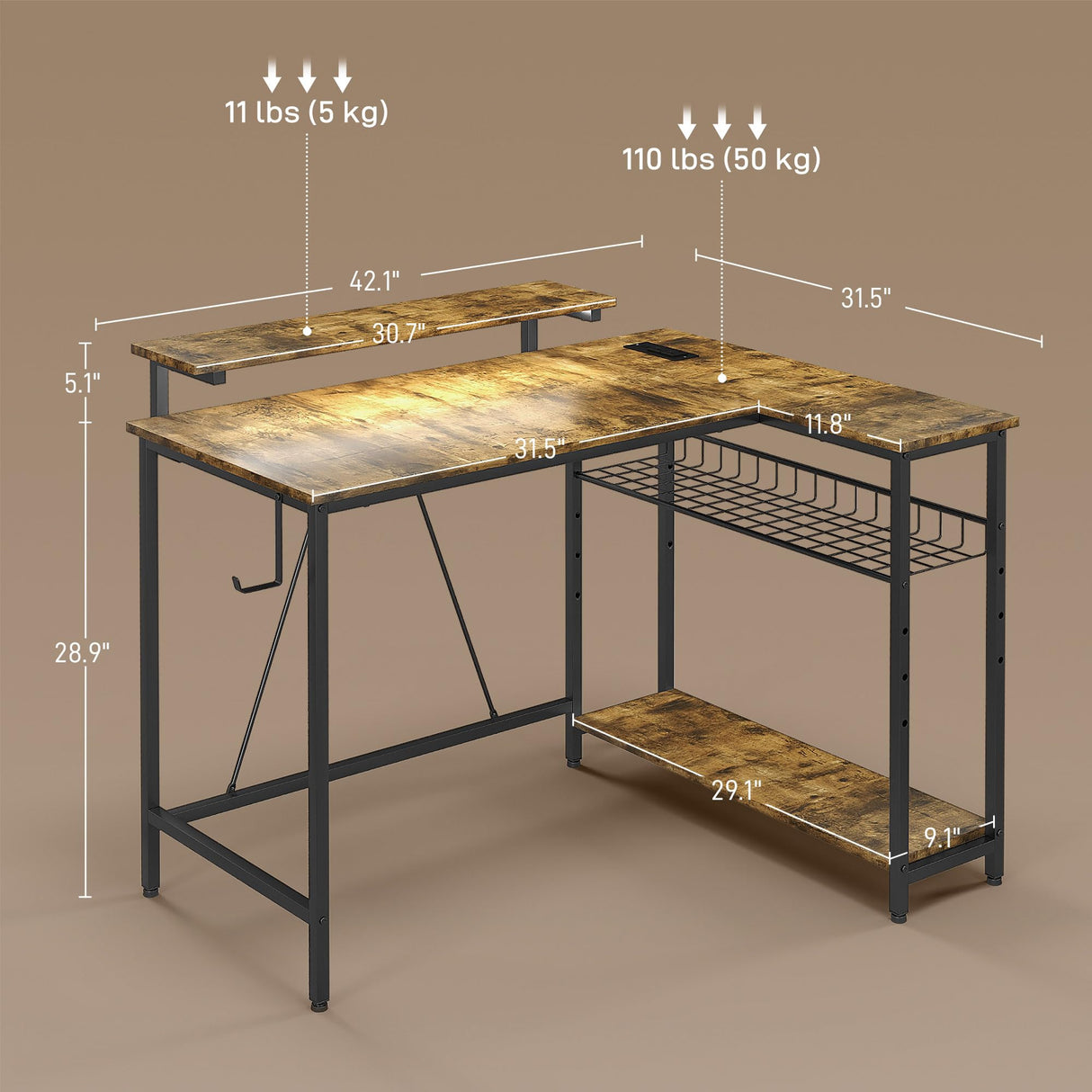 HOMCOM 42" L Shaped Desk with LED Lights, Power Outlet, USB Charging Ports, Reversible L Shaped Computer Desk with Storage Shelves, Monitor Stand, Corner Gaming Desk for Home Office, Rustic Brown HOMCOM